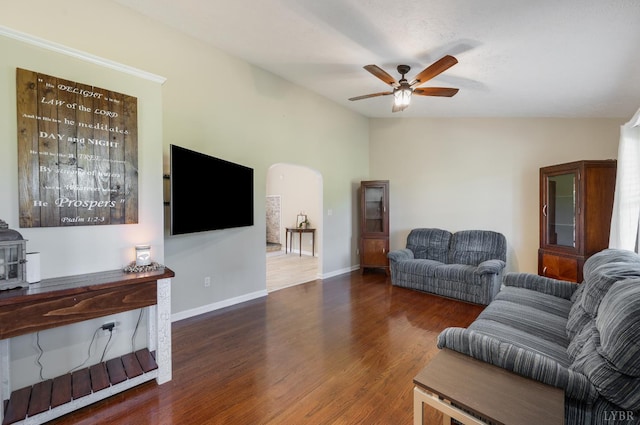 9790 Bear Creek Rd, Gladys, VA 24554 - living room featuring arched walkways, a ceiling fan, wood finished floors, and baseboards