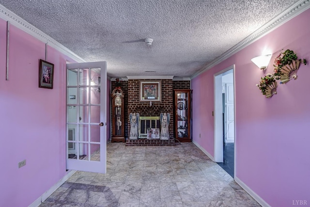 unfurnished living room with crown molding, a textured ceiling, and a brick fireplace