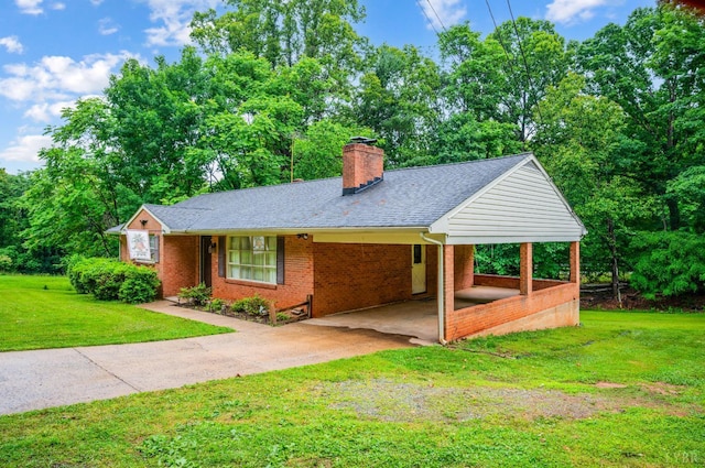 201 Oakland Cir, Lynchburg, VA 24502 - ranch-style house with a front lawn, an attached carport, a chimney, driveway, and roof with shingles