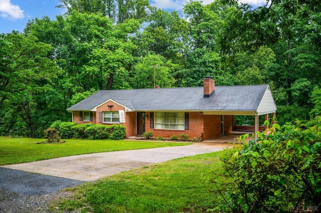 201 Oakland Cir, Lynchburg, VA 24502 - ranch-style house featuring driveway, brick siding, a carport, a front lawn, and a chimney