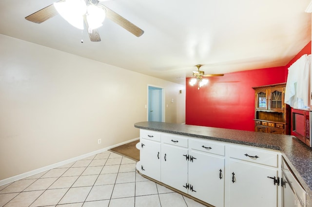 201 Oakland Cir, Lynchburg, VA 24502 - kitchen with ceiling fan, dark countertops, white cabinetry, and a peninsula