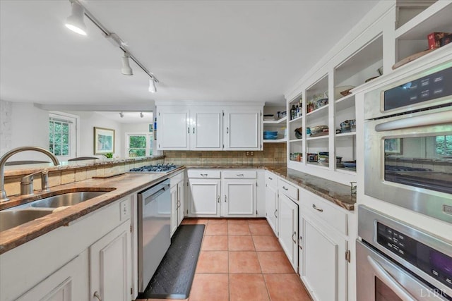 400 E Randolph Pl, Lynchburg, VA 24503 - kitchen featuring stainless steel appliances, open shelves, a sink, white cabinetry, and dark stone counters