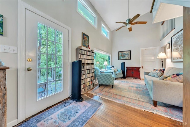 400 E Randolph Pl, Lynchburg, VA 24503 - living room featuring ceiling fan, high vaulted ceiling, and wood finished floors