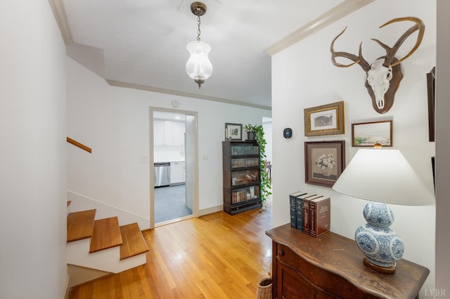 921 Peaksview St, Bedford, VA 24523 - entryway featuring crown molding, stairs, and light wood-style floors