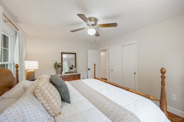 921 Peaksview St, Bedford, VA 24523 - bedroom featuring a closet, ceiling fan, wood finished floors, and baseboards