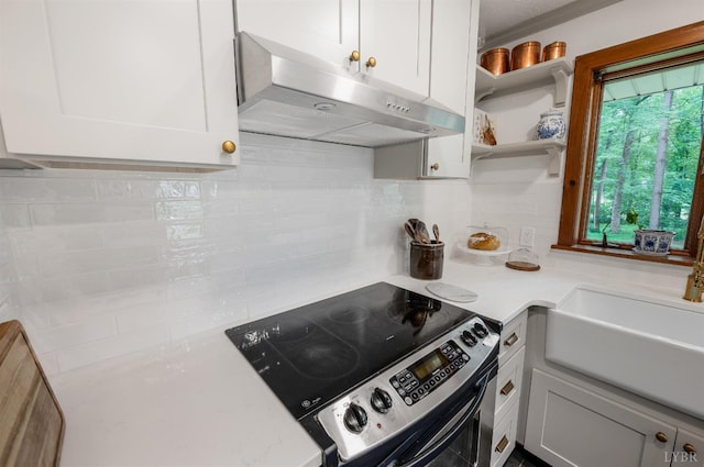 921 Peaksview St, Bedford, VA 24523 - kitchen featuring under cabinet range hood, electric range, tasteful backsplash, and light countertops