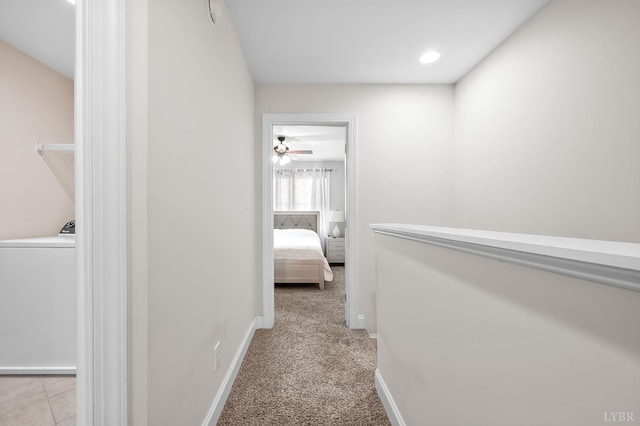 213 Capstone Dr, Lynchburg, VA 24502 - hallway featuring washer / clothes dryer, baseboards, and carpet flooring