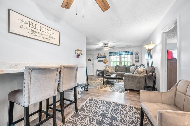 2523 Clarks Rd, Rustburg, VA 24588 - living room with a ceiling fan, wood finished floors, and a textured ceiling