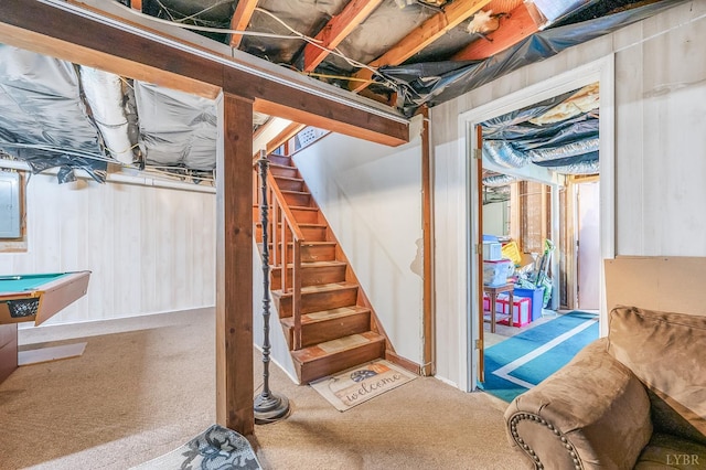2523 Clarks Rd, Rustburg, VA 24588 - below grade area with carpet flooring, stairway, and pool table