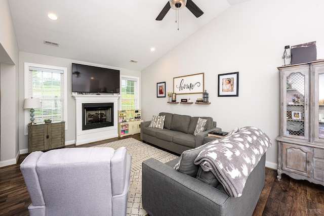 1480 Pilgrim Rd, Goode, VA 24556 - living room featuring dark wood finished floors, a ceiling fan, a fireplace, baseboards, and recessed lighting