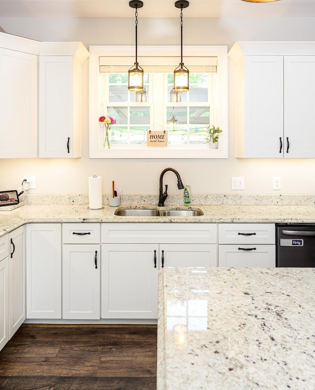 1480 Pilgrim Rd, Goode, VA 24556 - kitchen with a sink, dishwasher, white cabinetry, and hanging light fixtures