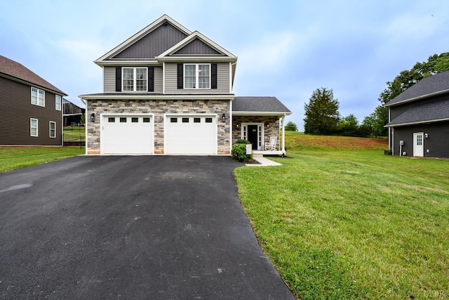 1480 Pilgrim Rd, Goode, VA 24556 - craftsman-style house featuring driveway, stone siding, a front yard, and an attached garage