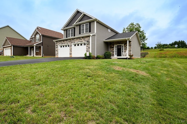 1480 Pilgrim Rd, Goode, VA 24556 - view of front of house featuring stone siding, driveway, a garage, and a front lawn