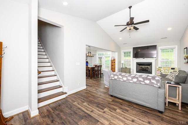 1480 Pilgrim Rd, Goode, VA 24556 - living room featuring stairway, wood finished floors, healthy amount of natural light, vaulted ceiling, and recessed lighting