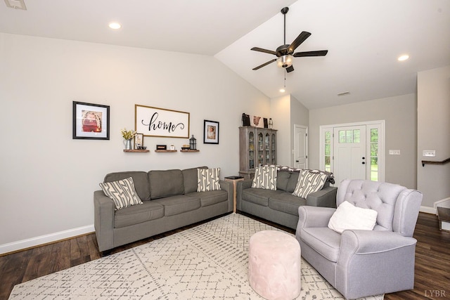 1480 Pilgrim Rd, Goode, VA 24556 - living area featuring wood finished floors, a ceiling fan, lofted ceiling, baseboards, and recessed lighting