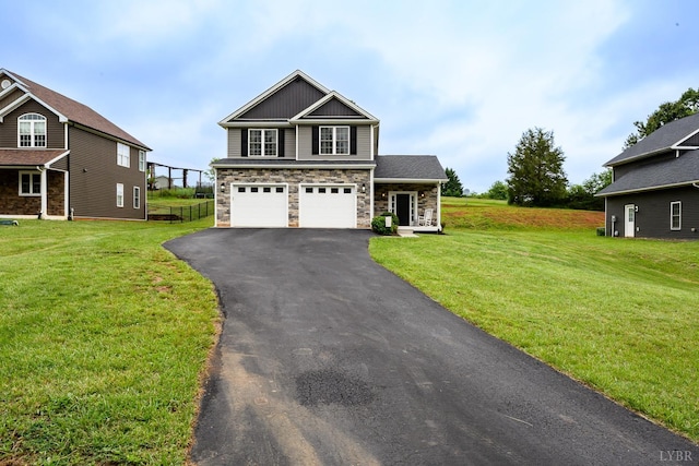1480 Pilgrim Rd, Goode, VA 24556 - craftsman inspired home with driveway, stone siding, a front yard, and an attached garage