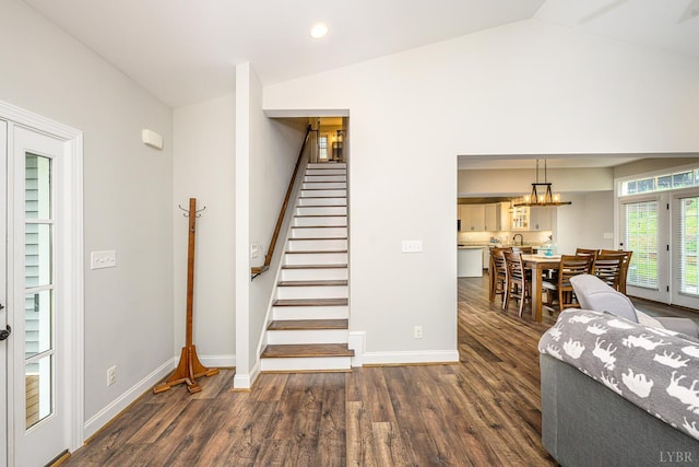 1480 Pilgrim Rd, Goode, VA 24556 - stairway with wood finished floors, lofted ceiling, baseboards, and recessed lighting