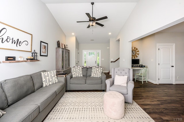 1480 Pilgrim Rd, Goode, VA 24556 - living room featuring lofted ceiling, a ceiling fan, wood finished floors, baseboards, and recessed lighting