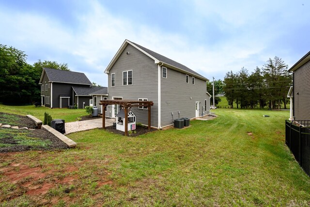 1480 Pilgrim Rd, Goode, VA 24556 - back of property featuring a pergola, a lawn, a patio area, and central air condition unit