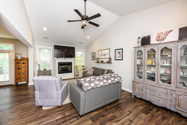 1480 Pilgrim Rd, Goode, VA 24556 - living room featuring vaulted ceiling, plenty of natural light, dark wood-style flooring, ceiling fan, and recessed lighting