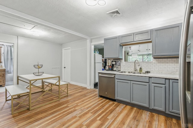 2086 Marshall Mill Rd, Gladys, VA 24554 - kitchen with dishwasher, gray cabinets, a sink, decorative backsplash, and light wood-style flooring