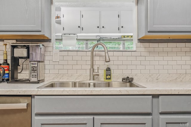 2086 Marshall Mill Rd, Gladys, VA 24554 - kitchen featuring a sink, light countertops, dishwasher, backsplash, and white cabinetry