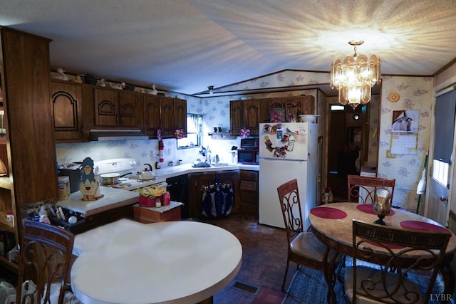 134 Napier Dr, Concord, VA 24538 - kitchen with white appliances, wallpapered walls, lofted ceiling, under cabinet range hood, and a chandelier