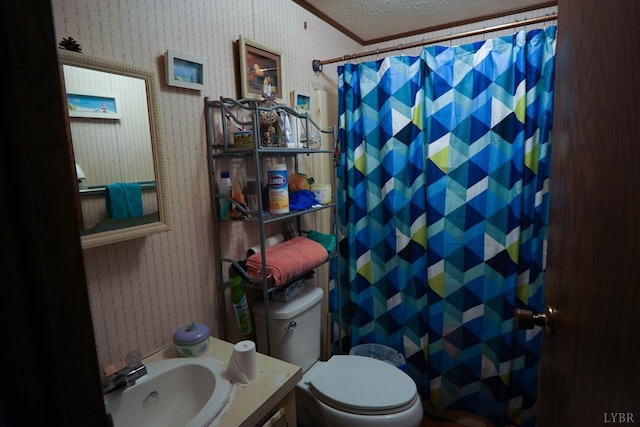 134 Napier Dr, Concord, VA 24538 - bathroom with wallpapered walls, a textured ceiling, toilet, curtained shower, and vanity