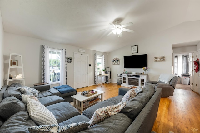 343 Soybean Dr, Appomattox, VA 24522 - living room featuring ceiling fan, vaulted ceiling, and light wood-style floors