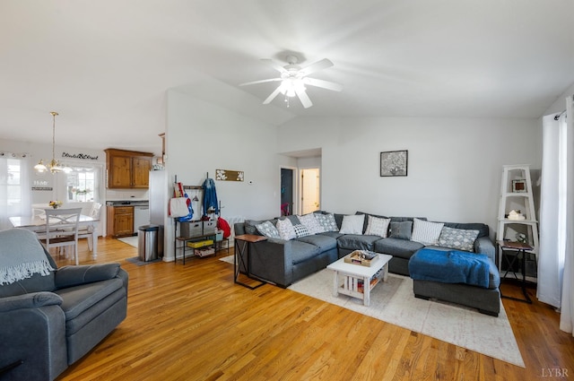 343 Soybean Dr, Appomattox, VA 24522 - living room featuring light wood-type flooring, a ceiling fan, lofted ceiling, and a chandelier