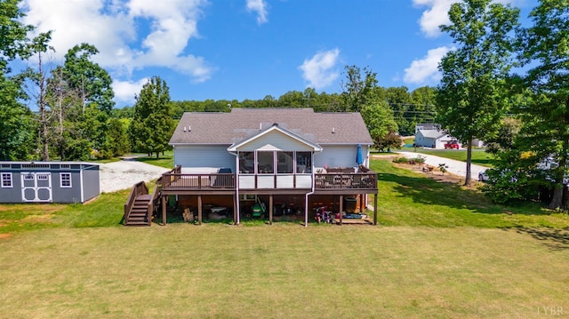 343 Soybean Dr, Appomattox, VA 24522 - back of property with a sunroom, stairs, a wooden deck, and a lawn