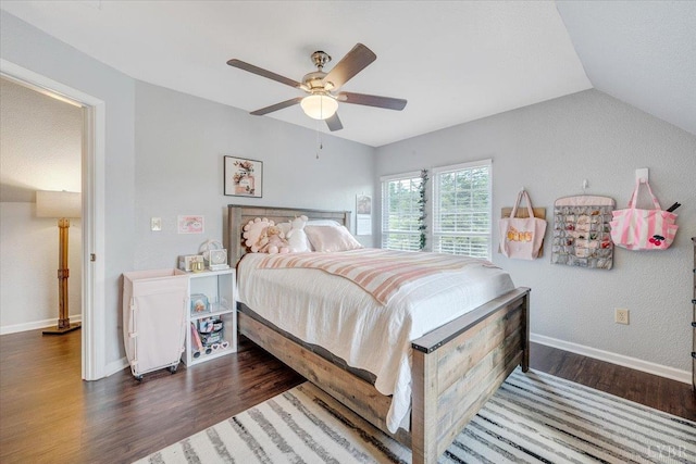 1028 Park Mountain Ter, Huddleston, VA 24104 - bedroom with wood finished floors, baseboards, vaulted ceiling, and a ceiling fan