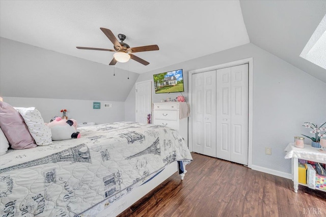 1028 Park Mountain Ter, Huddleston, VA 24104 - bedroom featuring vaulted ceiling, a closet, wood finished floors, baseboards, and a ceiling fan
