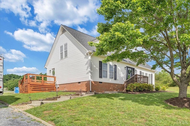 1028 Park Mountain Ter, Huddleston, VA 24104 - view of home's exterior with crawl space, a wooden deck, a yard, and a shingled roof