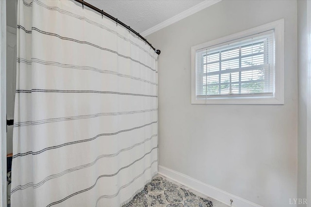 1028 Park Mountain Ter, Huddleston, VA 24104 - bathroom with ornamental molding, a textured ceiling, baseboards, and a shower with curtain