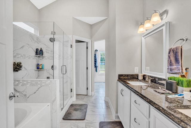 238 Ridgeline Dr, Concord, VA 24538 - full bath with marble finish floors, a marble finish shower, a garden tub, double vanity, and baseboards
