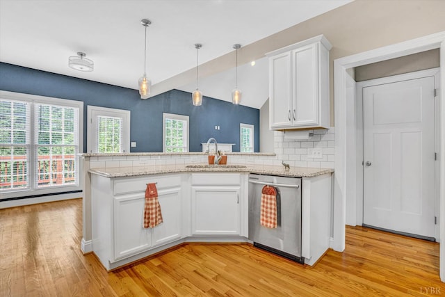 238 Ridgeline Dr, Concord, VA 24538 - kitchen with dishwasher, a sink, light wood-style flooring, white cabinets, and backsplash