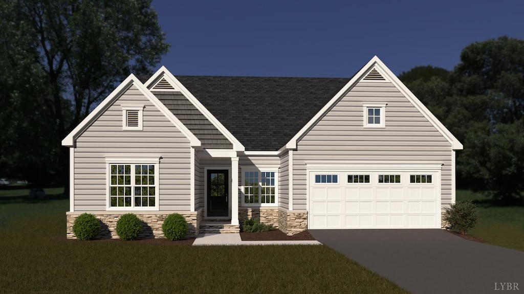 13 Carriage Pkwy, Rustburg, VA 24588 - view of front of house with stone siding, driveway, a front yard, and roof with shingles