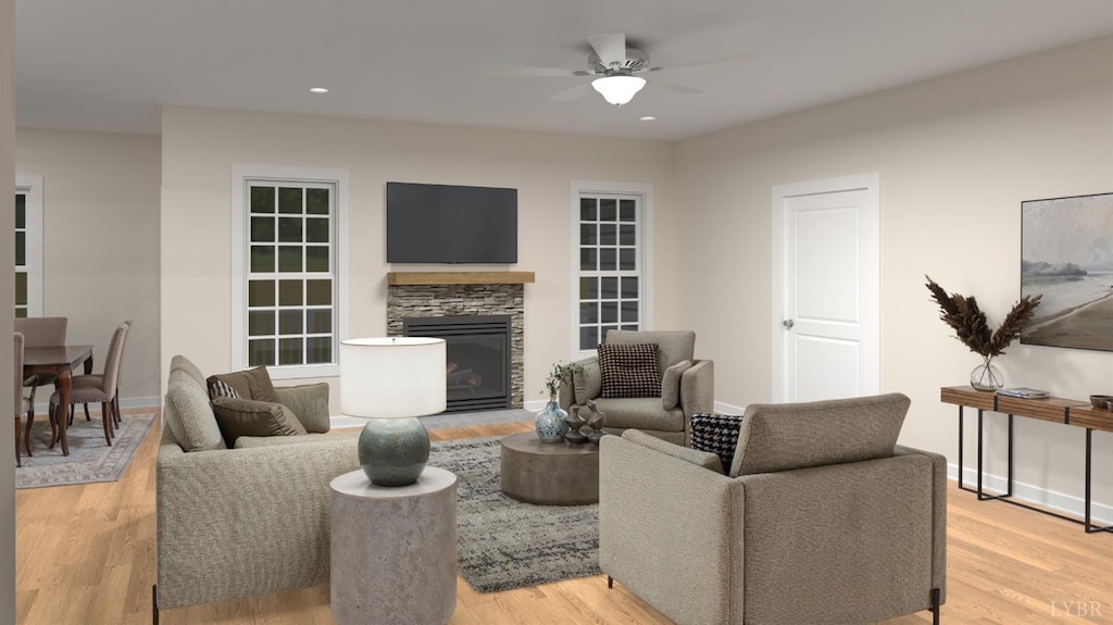 13 Carriage Pkwy, Rustburg, VA 24588 - living room with a ceiling fan, a fireplace, light wood finished floors, baseboards, and recessed lighting