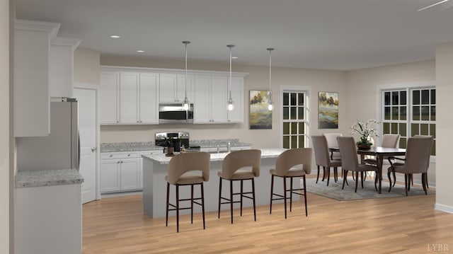13 Carriage Pkwy, Rustburg, VA 24588 - kitchen featuring stainless steel appliances, a kitchen island, white cabinets, a kitchen breakfast bar, and recessed lighting