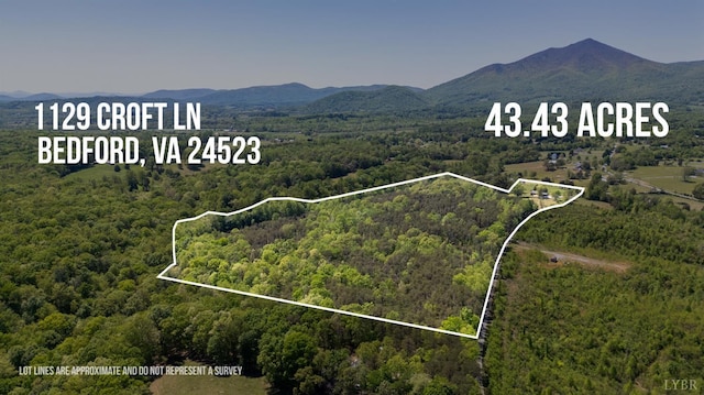 1129 Croft Ln, Bedford, VA 24523 - aerial view of property and surrounding area featuring a forest, property parcel outlined, and a mountain backdrop