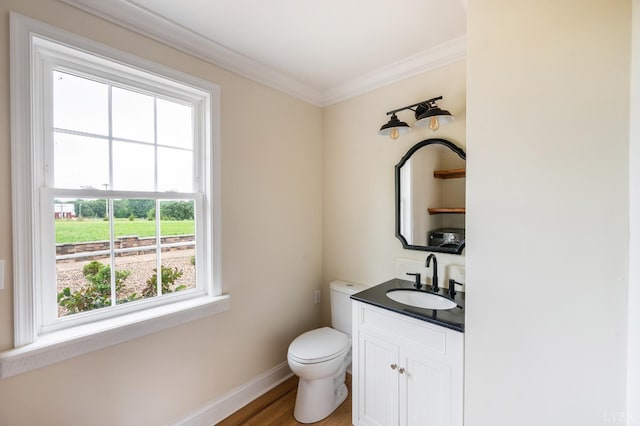 7845 Bear Creek Rd, Gladys, VA 24554 - bathroom with vanity, wood finished floors, and crown molding