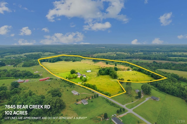 7845 Bear Creek Rd, Gladys, VA 24554 - aerial view of sparsely populated area featuring property boundaries highlighted and agricultural land