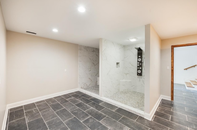 7845 Bear Creek Rd, Gladys, VA 24554 - full bathroom with recessed lighting, a marble finish shower, and marble finish flooring