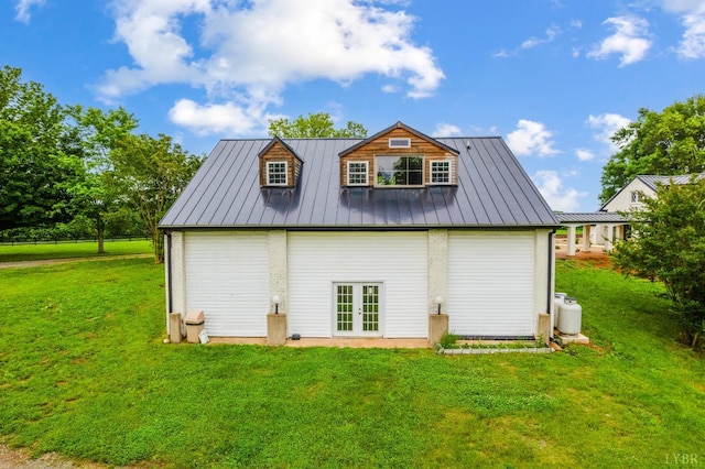 7845 Bear Creek Rd, Gladys, VA 24554 - back of property featuring french doors, a standing seam roof, a yard, and a metal roof