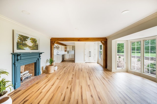 7845 Bear Creek Rd, Gladys, VA 24554 - unfurnished living room with ornamental molding, light wood-style flooring, a fireplace with flush hearth, and recessed lighting