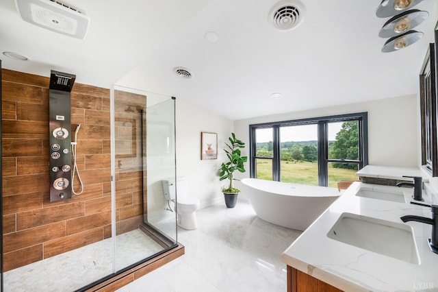7845 Bear Creek Rd, Gladys, VA 24554 - full bath featuring a shower stall, double vanity, a freestanding bath, lofted ceiling, and marble finish flooring