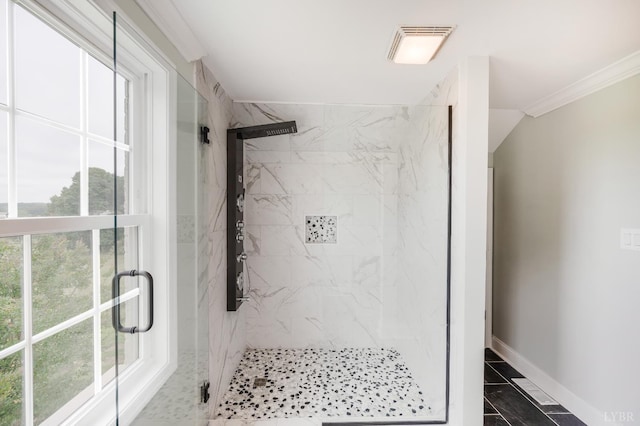 7845 Bear Creek Rd, Gladys, VA 24554 - bathroom with a marble finish shower, marble finish flooring, and crown molding