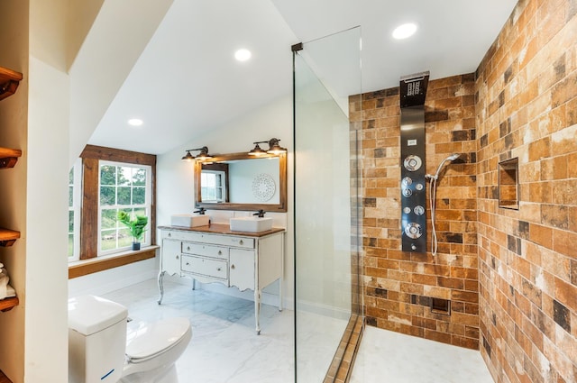 7845 Bear Creek Rd, Gladys, VA 24554 - full bath featuring vanity, tiled shower, vaulted ceiling, marble finish flooring, and recessed lighting