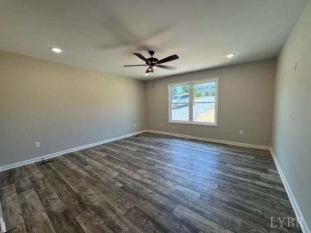 2304 Spring Grove Rd, Spout Spring, VA 24593 - spare room featuring dark wood-style flooring, baseboards, a ceiling fan, and recessed lighting